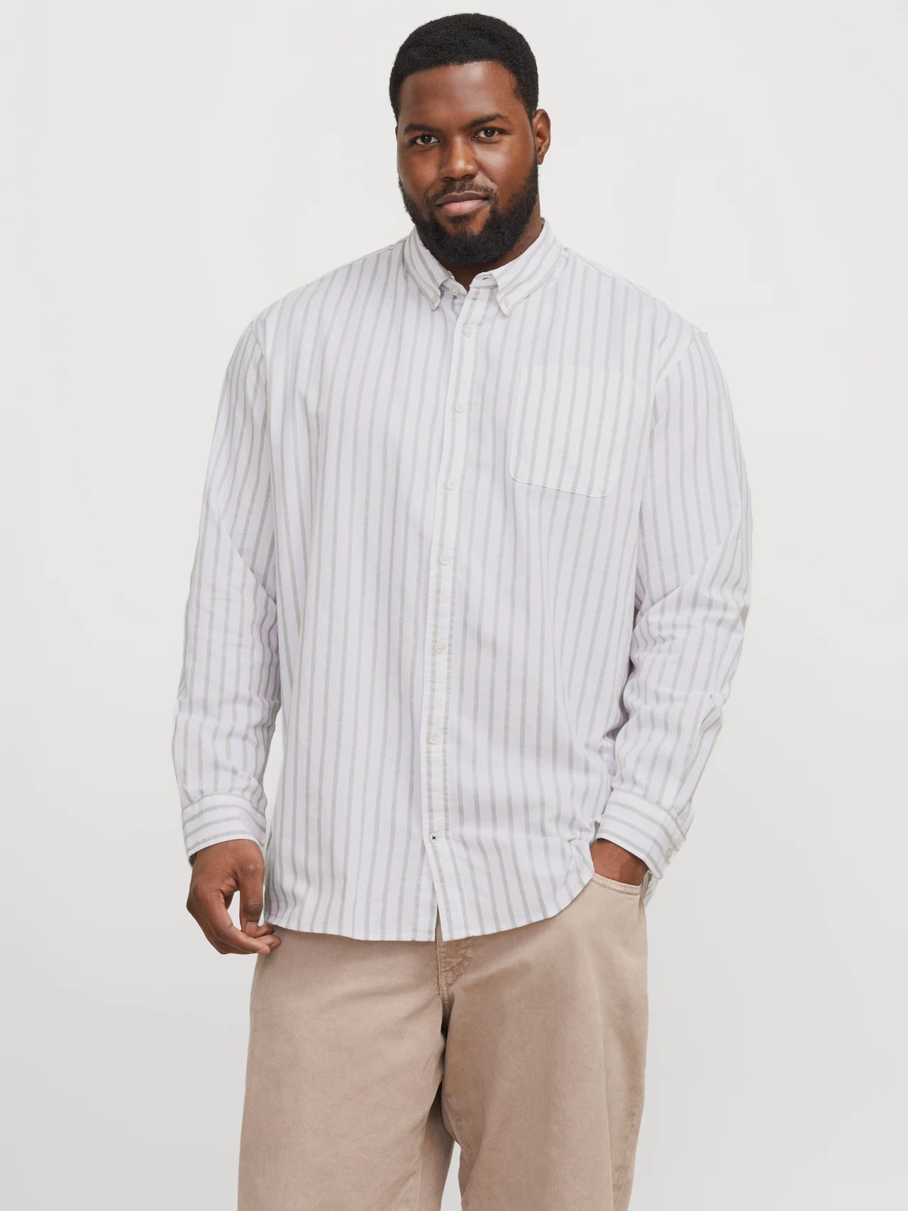 Plus Size Regular Fit Casual Shirt | White/Gray Striped